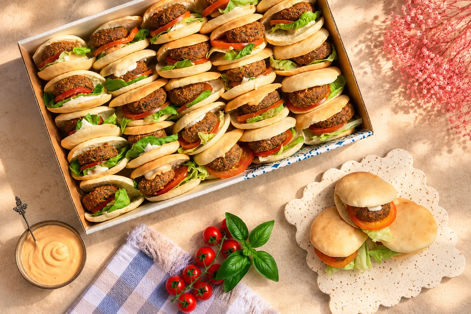 Catering platter of filled wraps with dips