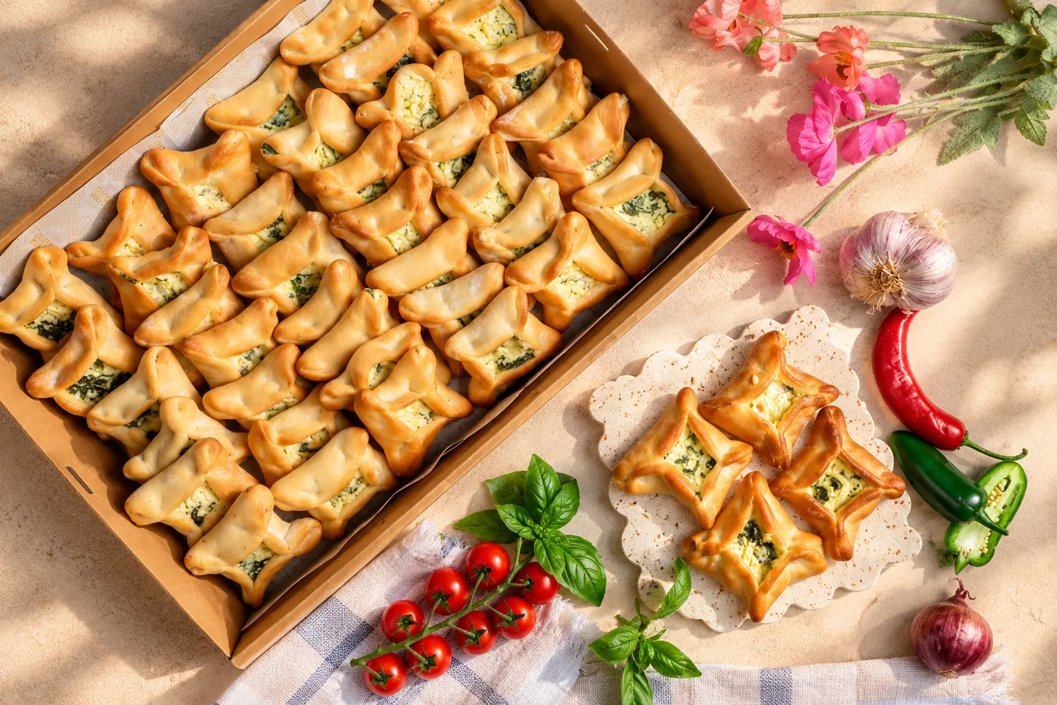 Tray of freshly baked savoury pastries