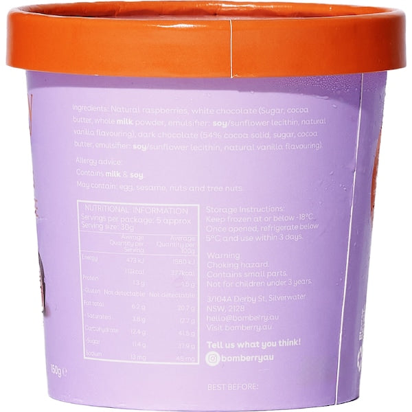 Bomberry Dark & White Chocolate Raspberries 150g - back of pack