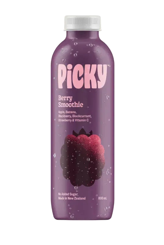 A bottle of Picky Berry Smoothie, 800ml, featuring a purple label with a raspberry graphic and white cap, set against a light cream background.