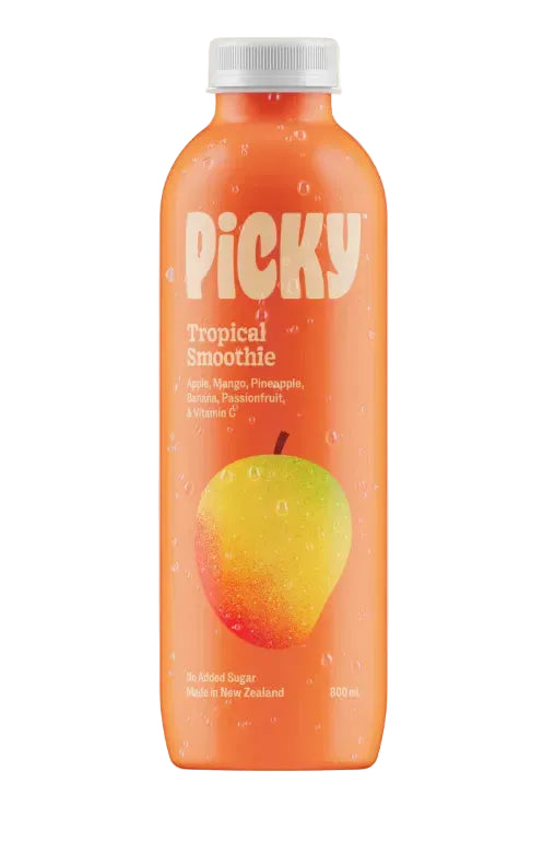 A bottle of Picky Tropical Smoothie, 800ml, featuring an orange liquid and a graphic of a mango on the label, set against a solid pale cream background.