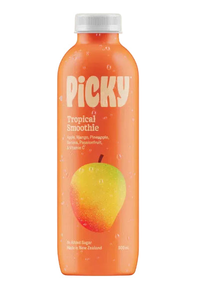 A bottle of Picky Tropical Smoothie, 800ml, featuring an orange liquid and a graphic of a mango on the label, set against a solid pale cream background.